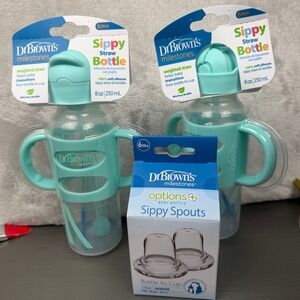 Dr‎ Browns Milestones Sippy Straw Bottle 8oz 250ml 2 Pack Spouts Aqua Teal